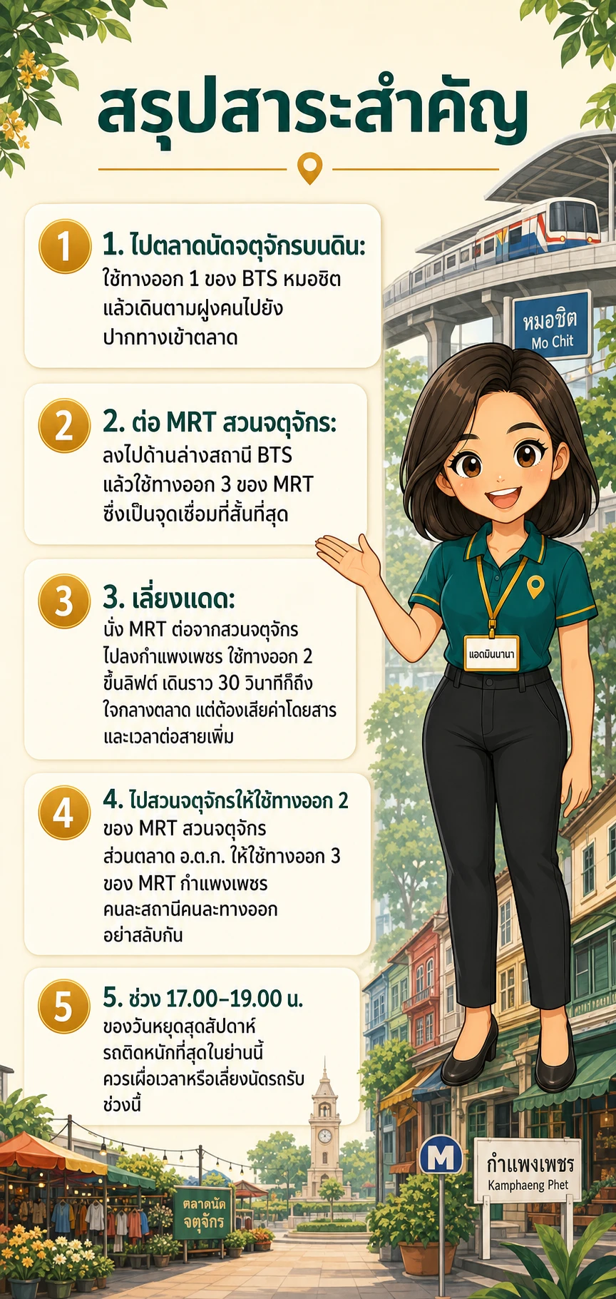 อินโฟกราฟิกสรุปข้อมูล ทางออก BTS หมอชิต ออกไหนดี: คู่มือทางออกสู่ตลาดนัด สวน และ MRT